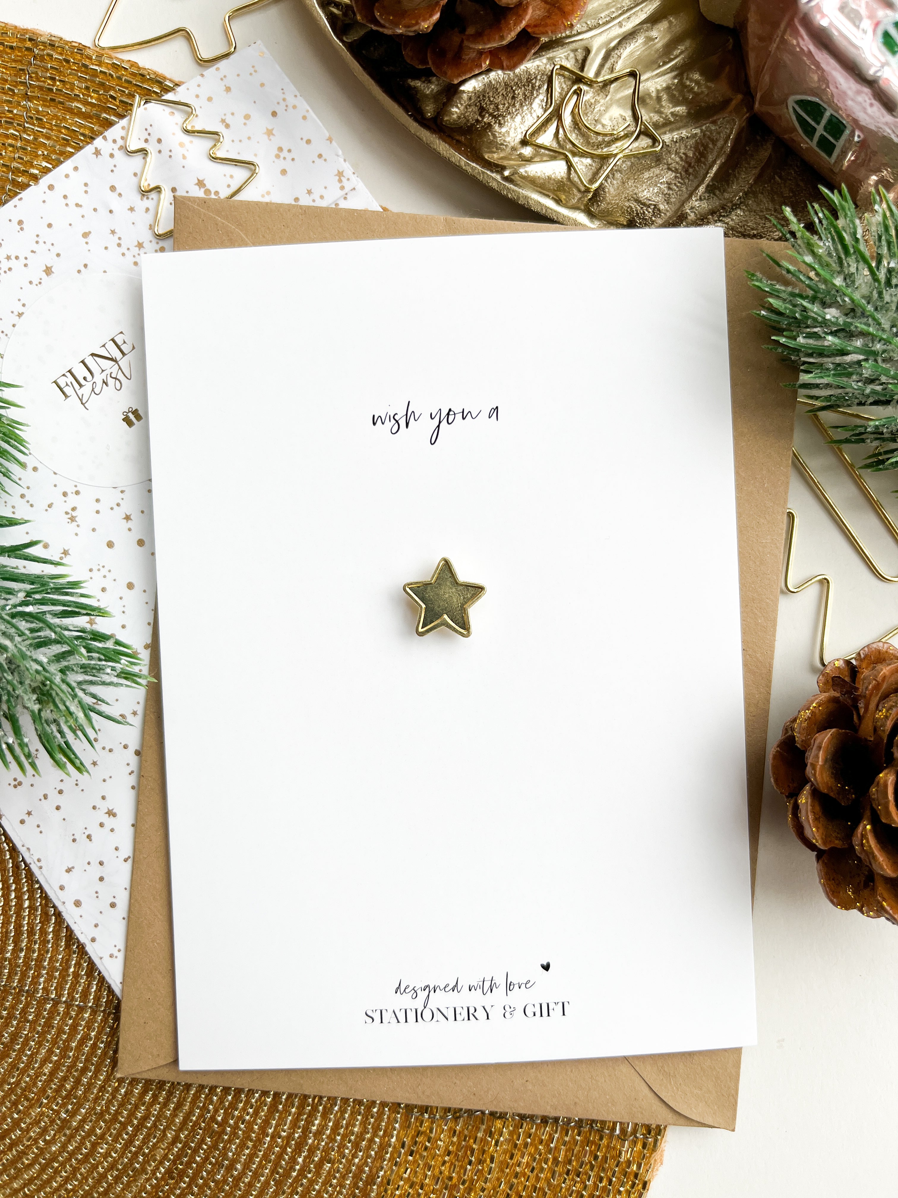 Kerstkaart | Wish you a star | met Kerstboom Pin & Envelop per 6 stuks
