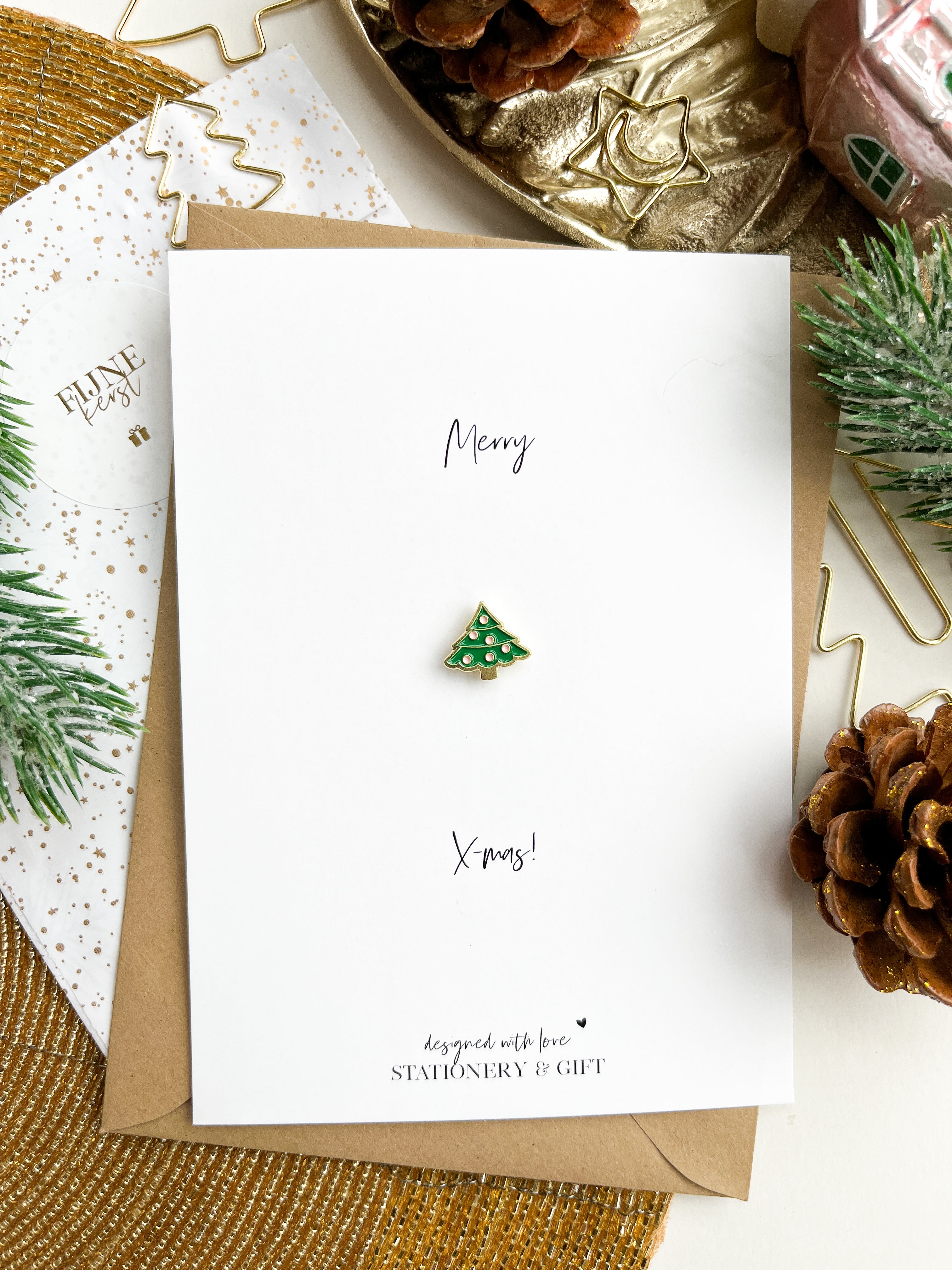 Kerstkaart | Merry Xmas! | met Kerstboom Pin & Envelop per 6 stuks