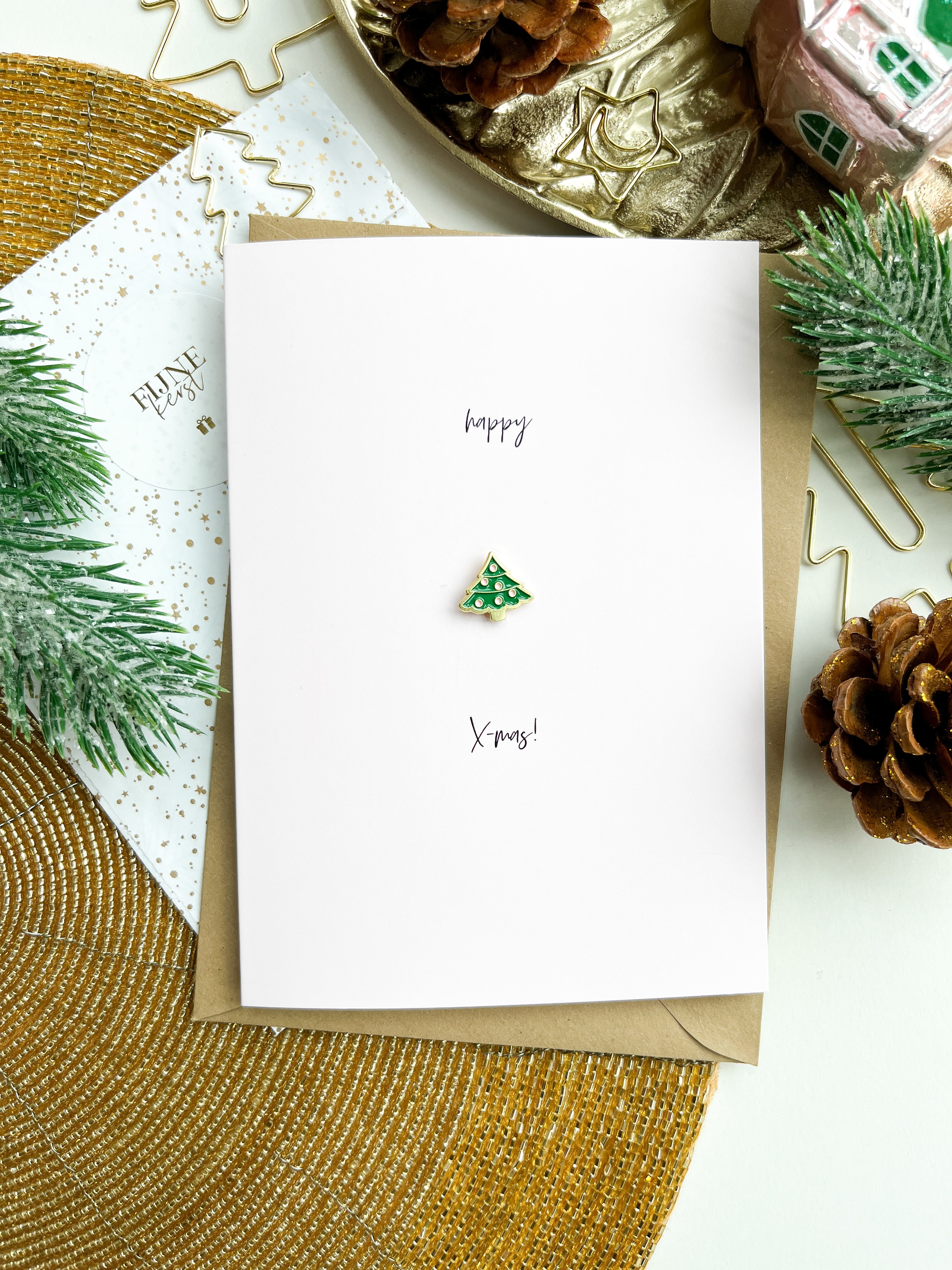 Dubbele kaart | Happy X-mas! | met Kerstboom Pin & Envelop per 6 stuks