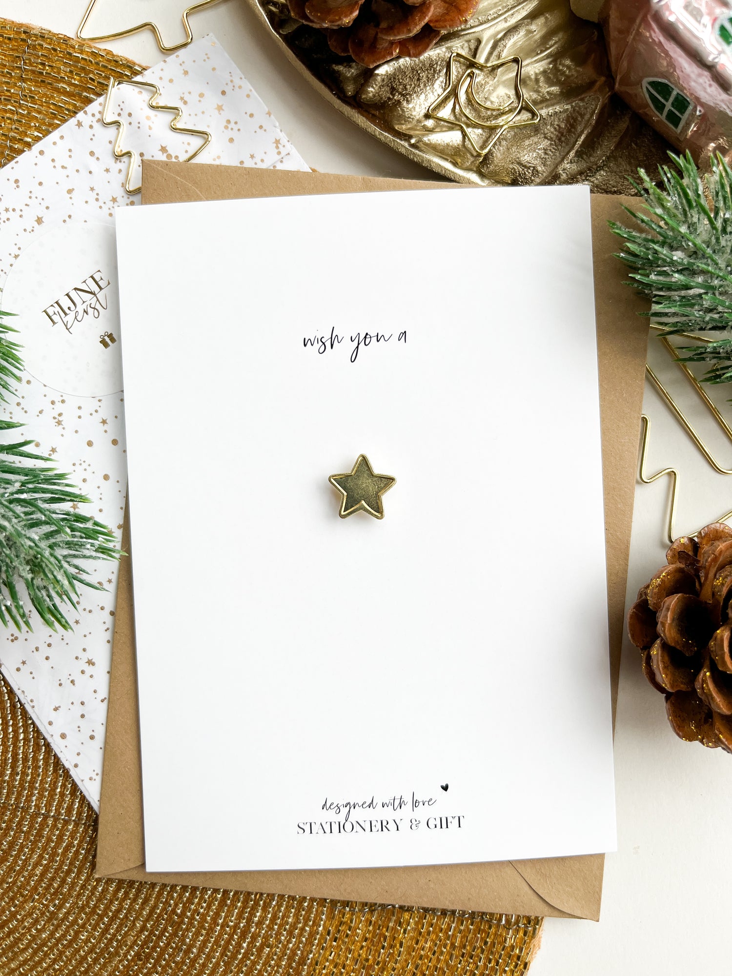 Kerstkaart | Wish you a star | met Kerstboom Pin &amp; Envelop per 6 stuks