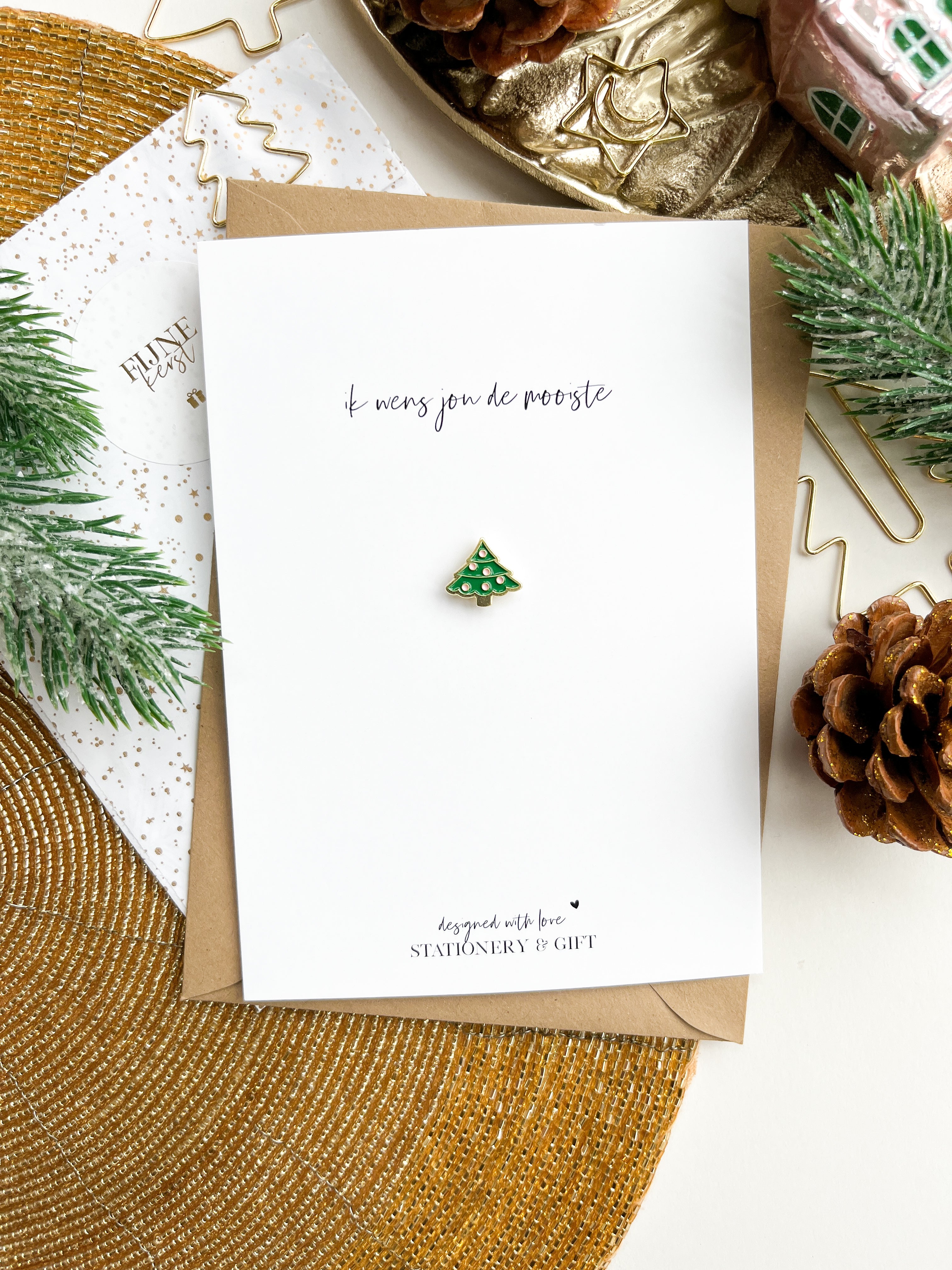Kerstkaart | Ik wens jou de mooiste Kerst | met Kerstboom Pin &amp; Envelop per 6 stuks