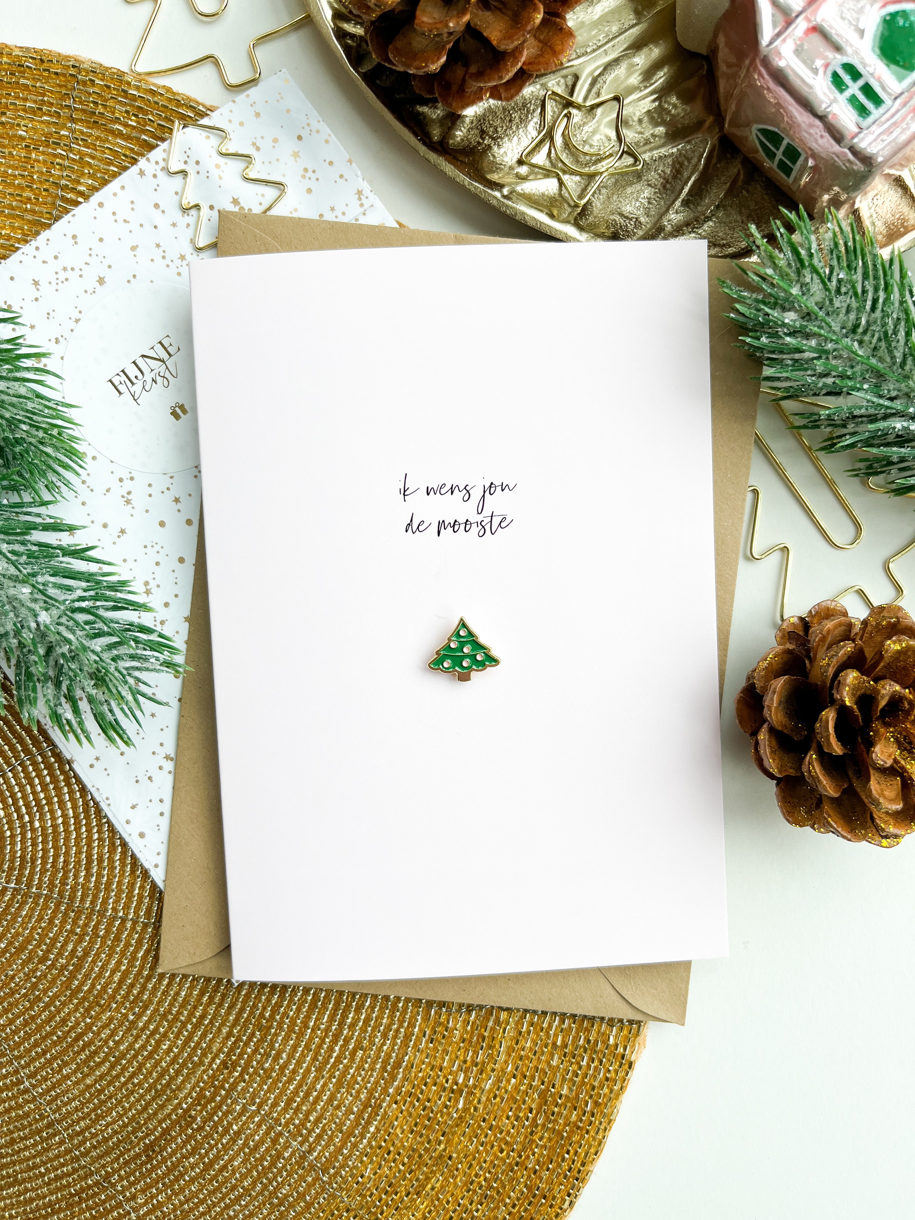 Dubbele kaart | Ik wens je de mooiste kerst  | met Kerstboom Pin &amp; Envelop per 6 stuks