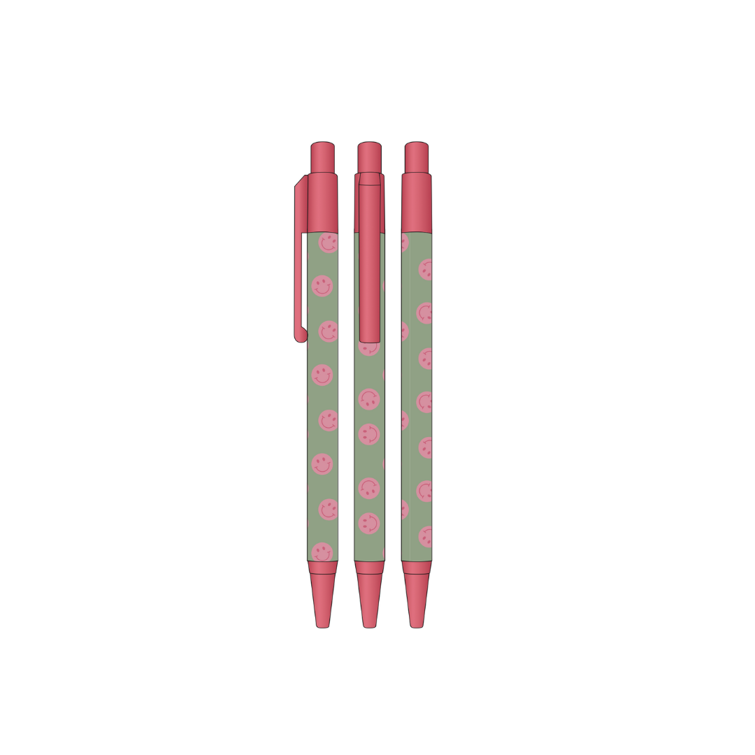 Pen | Sage Green &amp; Pink Smiley per 6 stuks